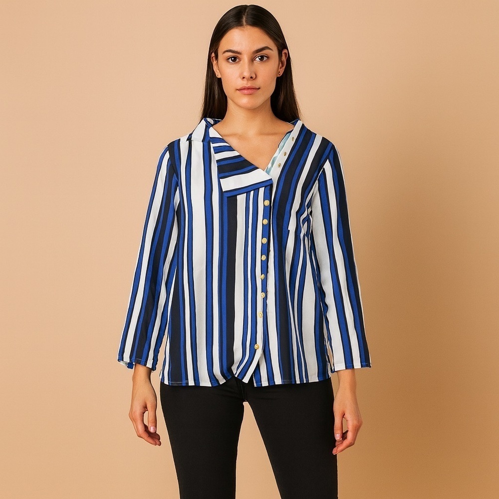 Striped V-Neck Button-Up Women's Top